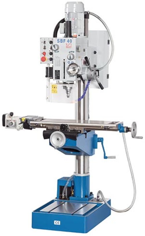SBF 40 TV 1000 - Universal milling/drilling machine with automated drilling feed, compound sliding table with driven X axis and swiveling gear head