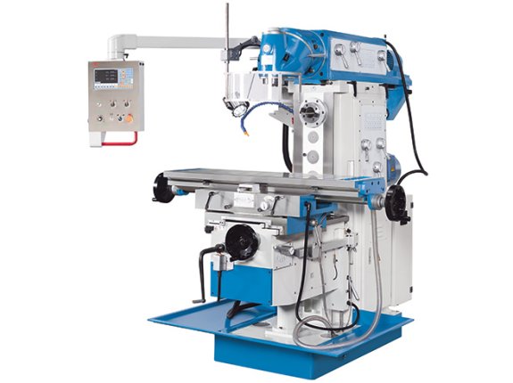 UWF 5 - Heavy console milling machine with stable SK 50 spindle in the universal milling head, horizontal milling spindle, as well as swivel table and automatic feed in all axes.