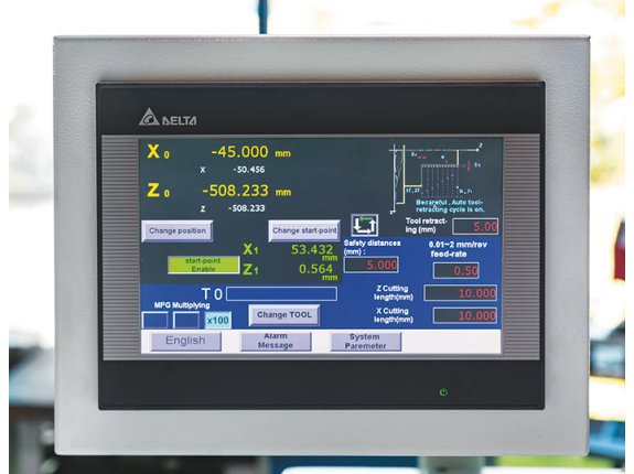 Large color touchscreen provides a graphic display of machining operations and lists editable parameters