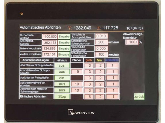 Dressing mode for grinding wheels with automatic dimension and speed (rpm) compensation ensures constant grinding rate and can be entered while in