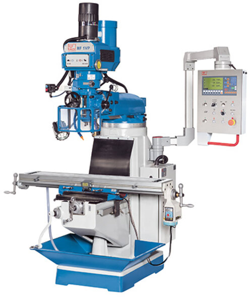 MF 1 VP (R8) - Vertical milling machine featuring automatic feed on X axis, tilt and swivel head, and pneumatic tool clamping